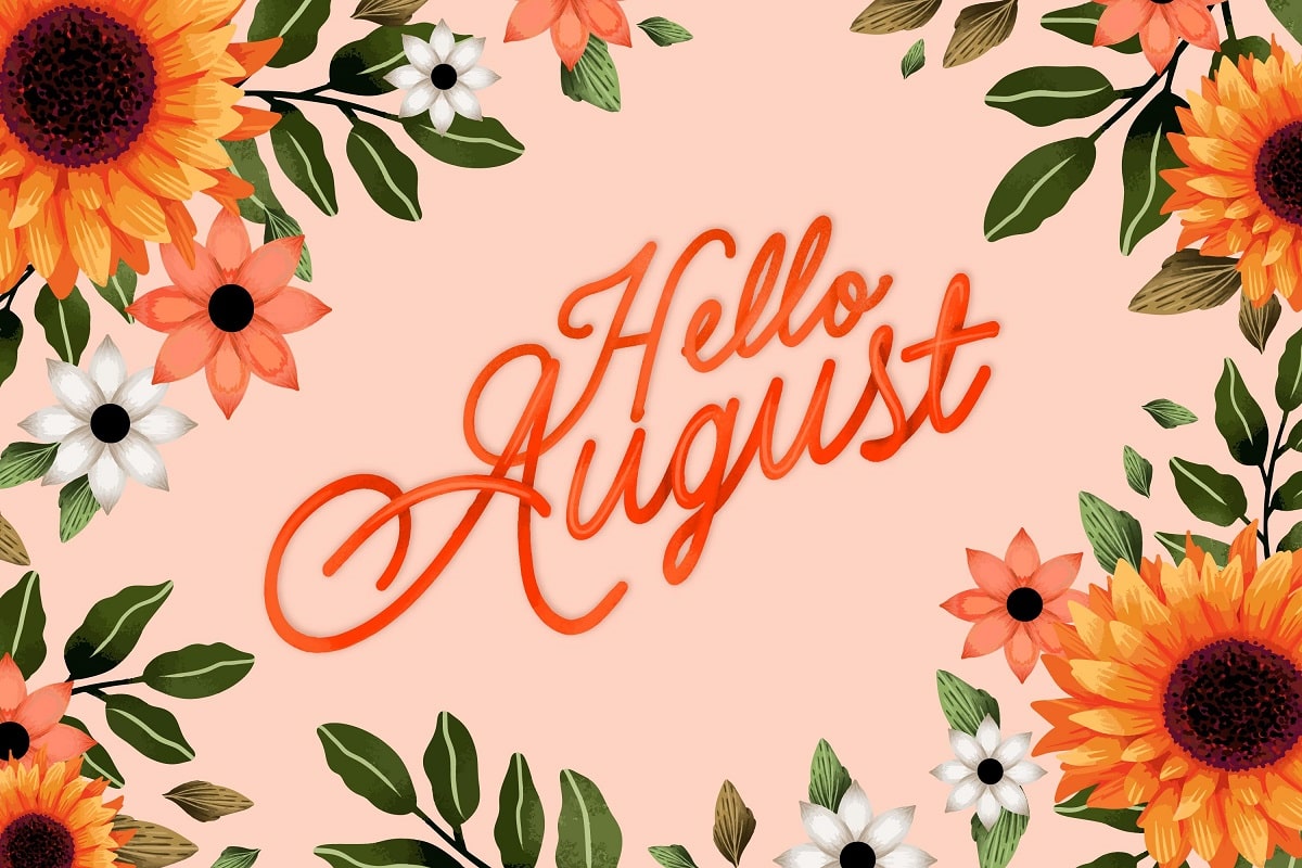 Image décorée avec des fleurs avec l'inscription Hello August