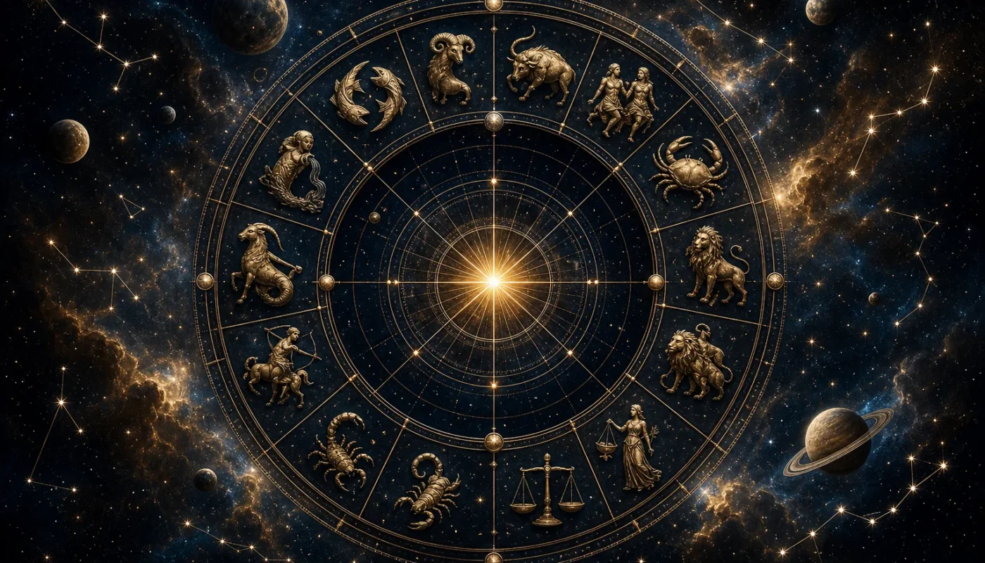 Carte astrologique avec signes du zodiaque et dates exactes