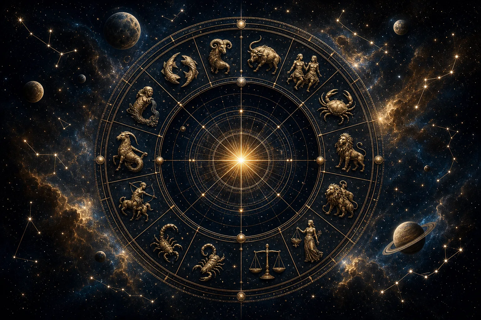 Carte astrologique avec signes du zodiaque et dates exactes