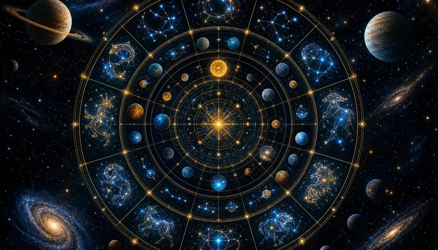 Carte du thème astral avec signes zodiacaux et constellations