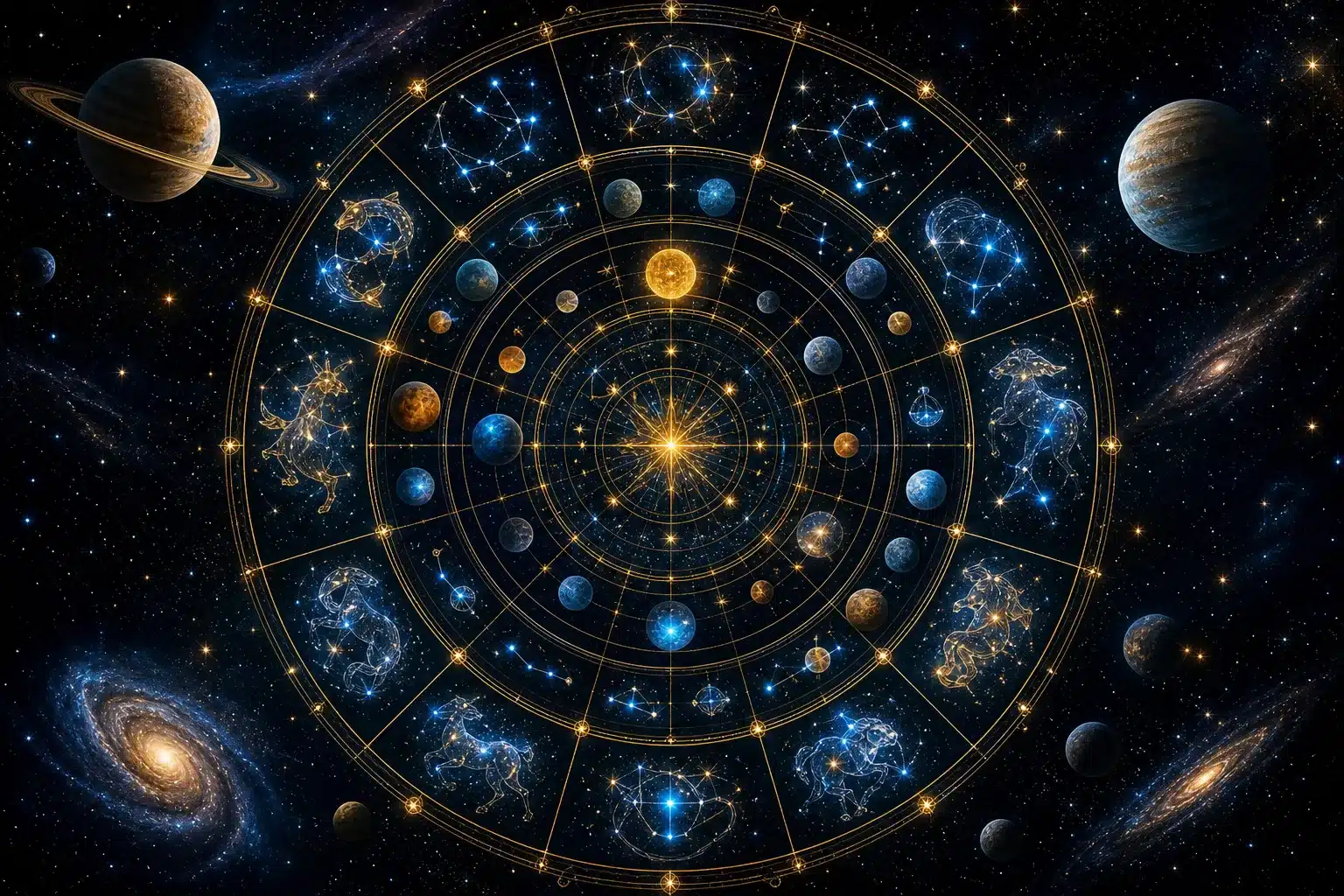 Carte du thème astral avec signes zodiacaux et constellations