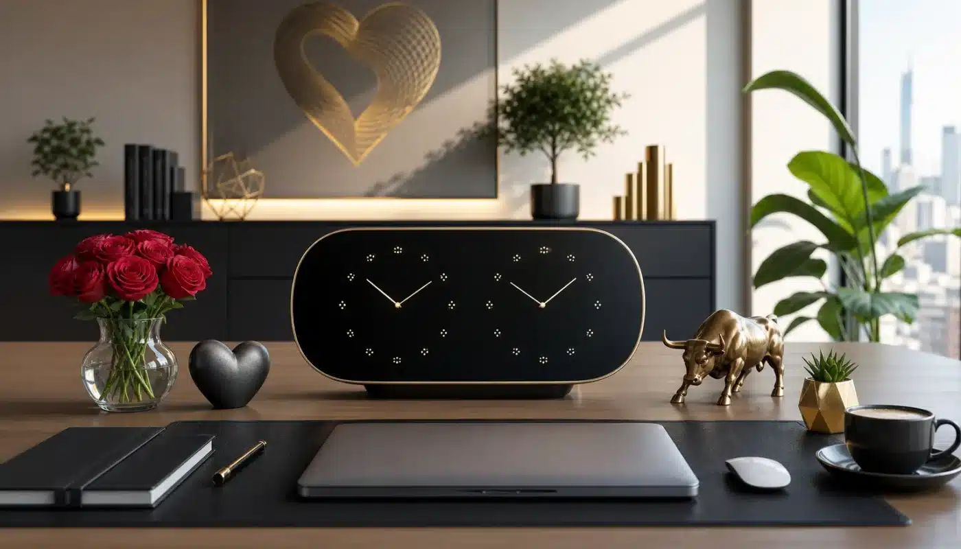 Horloge miroir symbolisant amour, travail et argent