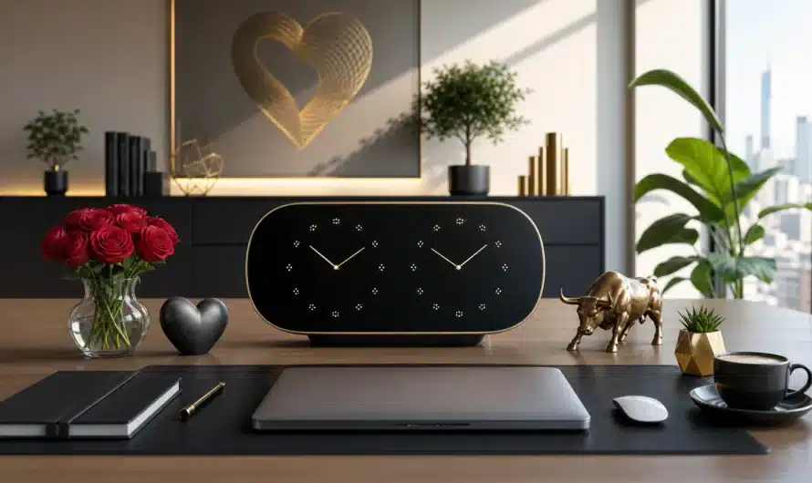 Horloge miroir symbolisant amour, travail et argent