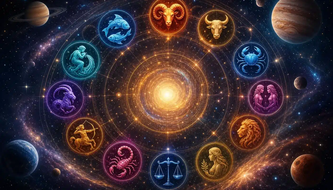 Horoscope du jour avec symboles astrologiques et signes zodiacaux