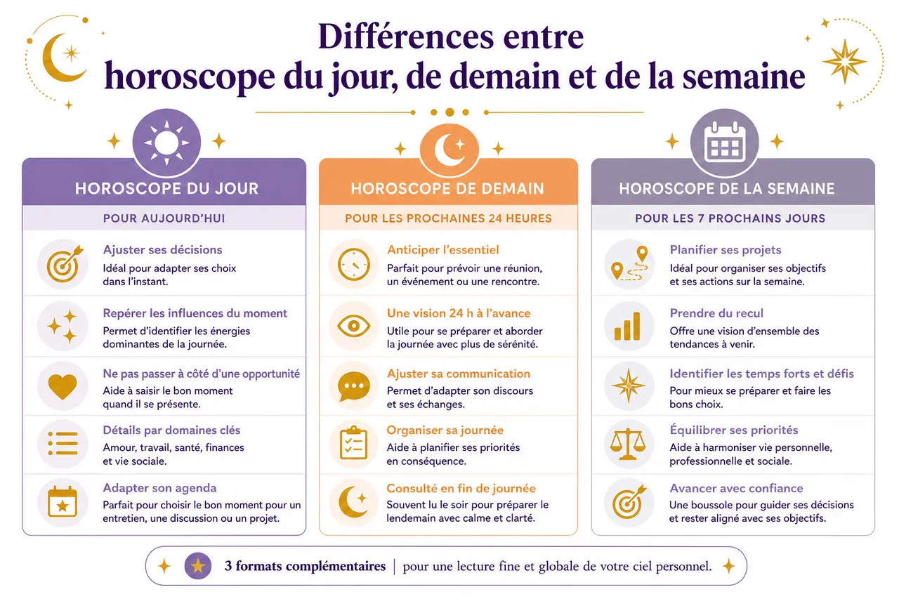 Horoscope hebdomadaire: prévoir votre semaine jour par jour , Différences entre horoscope du jour, de demain et de la semaine