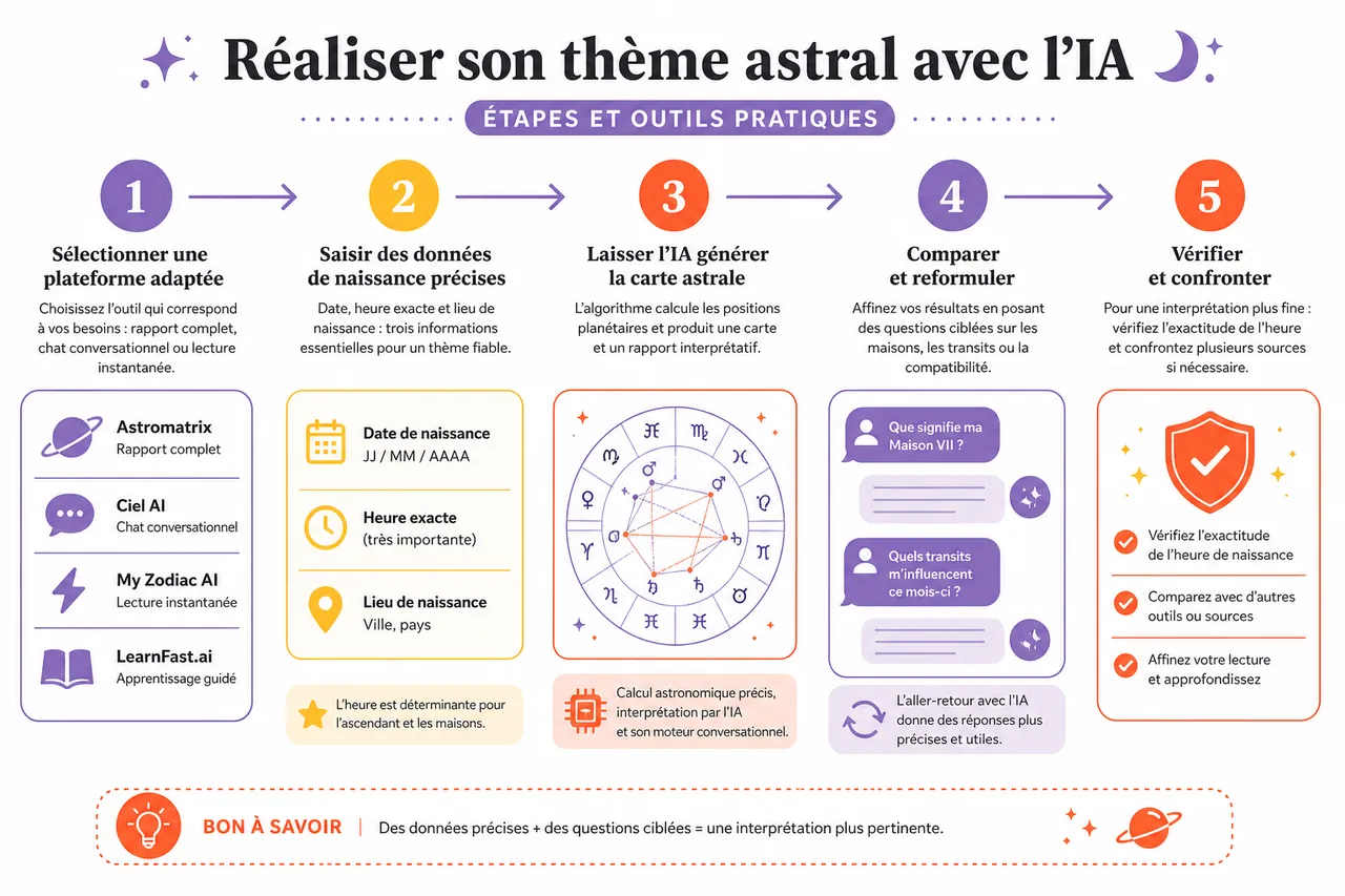 Thème astral avec l'IA: précision digitale ou consultation humaine? , Comment réaliser son thème astral avec l’IA: étapes et outils pratiques