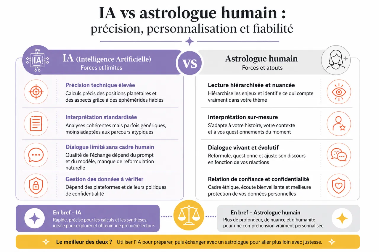 Thème astral avec l'IA: précision digitale ou consultation humaine? , IA vs astrologue humain: précision, personnalisation et fiabilité