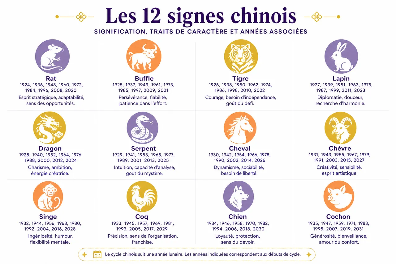 Signes chinois: comprendre leur signification et leur influence sur votre vie , Les 12 signes chinois: signification, traits de caractère et années associées
