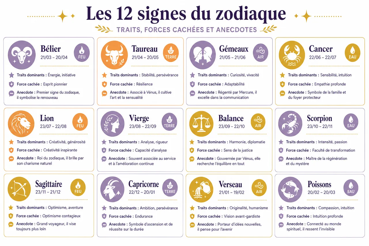 Les forces cachées des 12 signes du zodiaque , Les 12 signes du zodiaque: traits, forces cachées et anecdotes