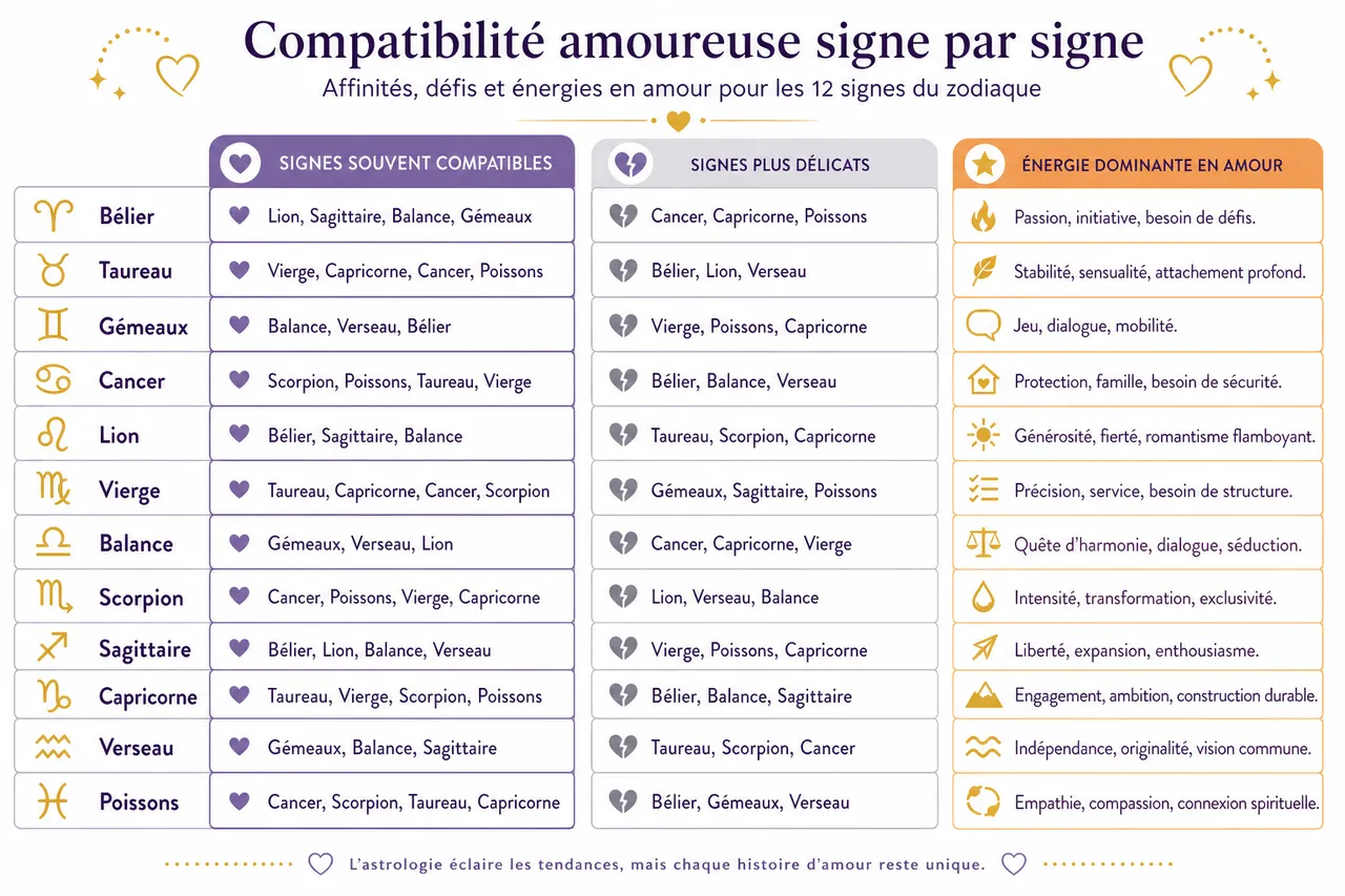 Compatibilité amoureuse: quels signes s'harmonisent vraiment? , Compatibilité amoureuse signe par signe