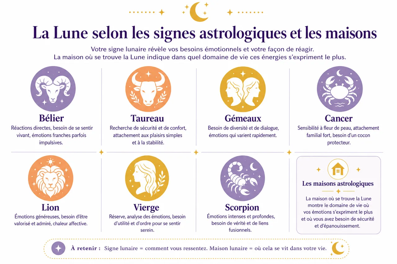 L’influence de la lune en astrologie sur vos émotions et relations , La Lune selon les signes astrologiques et les maisons