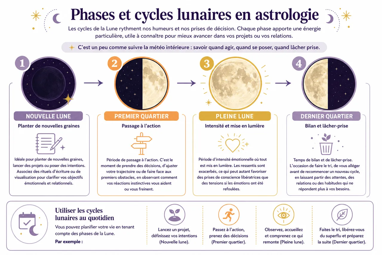 L’influence de la lune en astrologie sur vos émotions et relations , Phases et cycles lunaires en astrologie