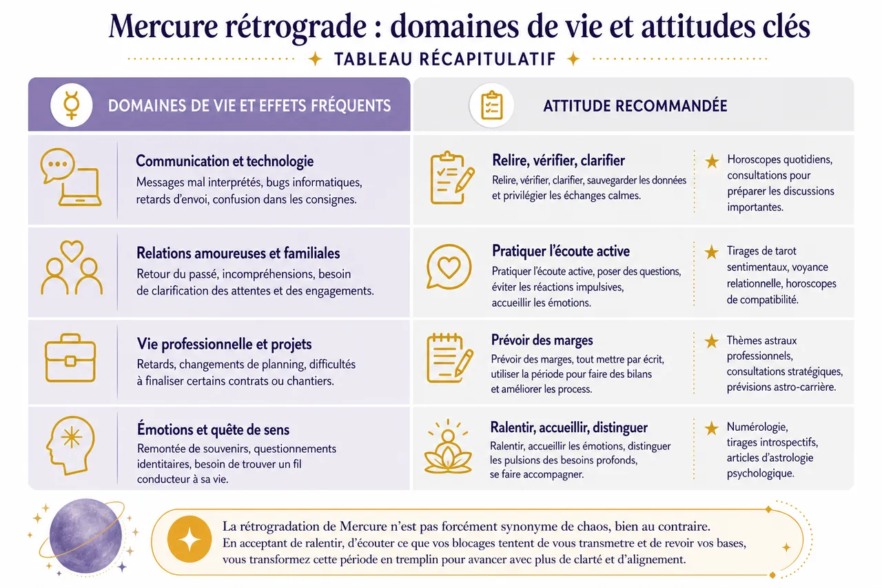 Rétrogradation de Mercure: ce qu’elle signifie pour votre vie quotidienne , Tableau récapitulatif: Mercure rétrograde et domaines de vie concernés