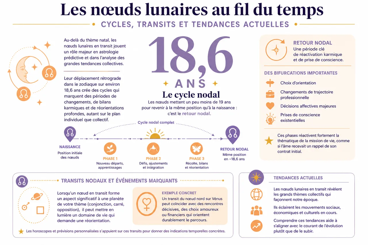 Nœud nord et nœud sud: comprendre leur rôle dans votre mission de vie , Les nœuds lunaires au fil du temps: cycles, transits et tendances actuelles