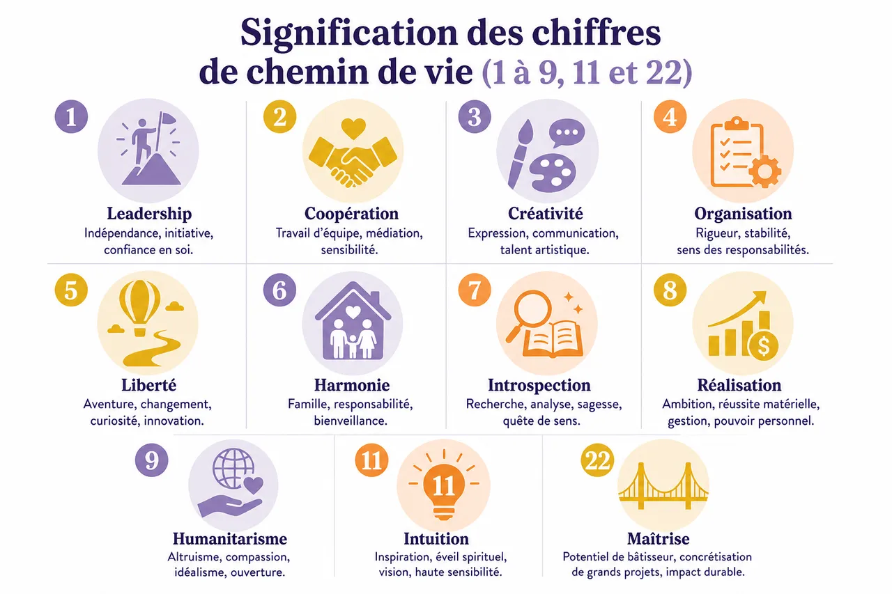 Numérologie: découvrir votre chemin de vie et l’interpréter facilement , Signification des chiffres de chemin de vie (1 à 9, 11 et 22)