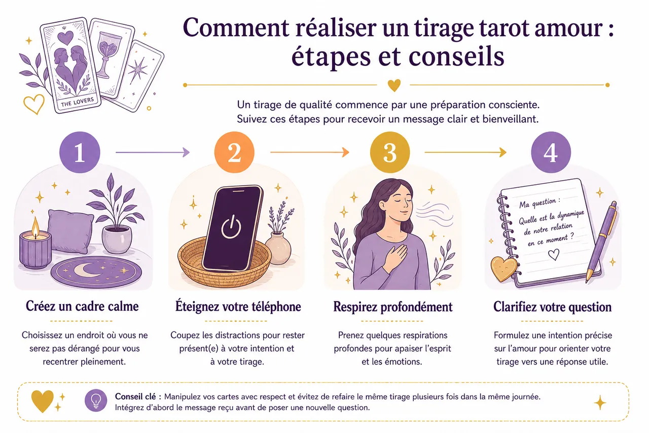Faire un tirage de tarot pour l’amour quand vous avez des doutes sur votre relation , Comment réaliser un tirage tarot amour: étapes et conseils