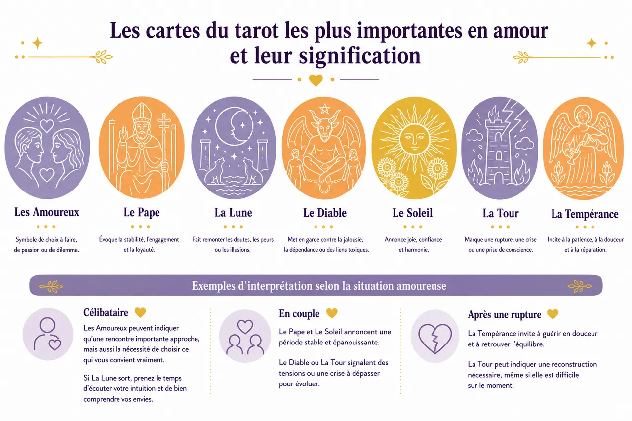 Faire un tirage de tarot pour l’amour quand vous avez des doutes sur votre relation , Les cartes du tarot les plus importantes en amour et leur signification
