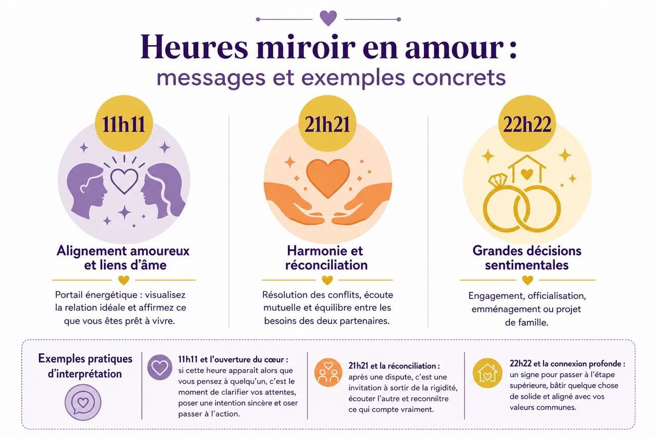 Heures miroir: interpréter leurs messages dans amour, travail et argent , Signification des heures miroir en amour: messages et exemples concrets