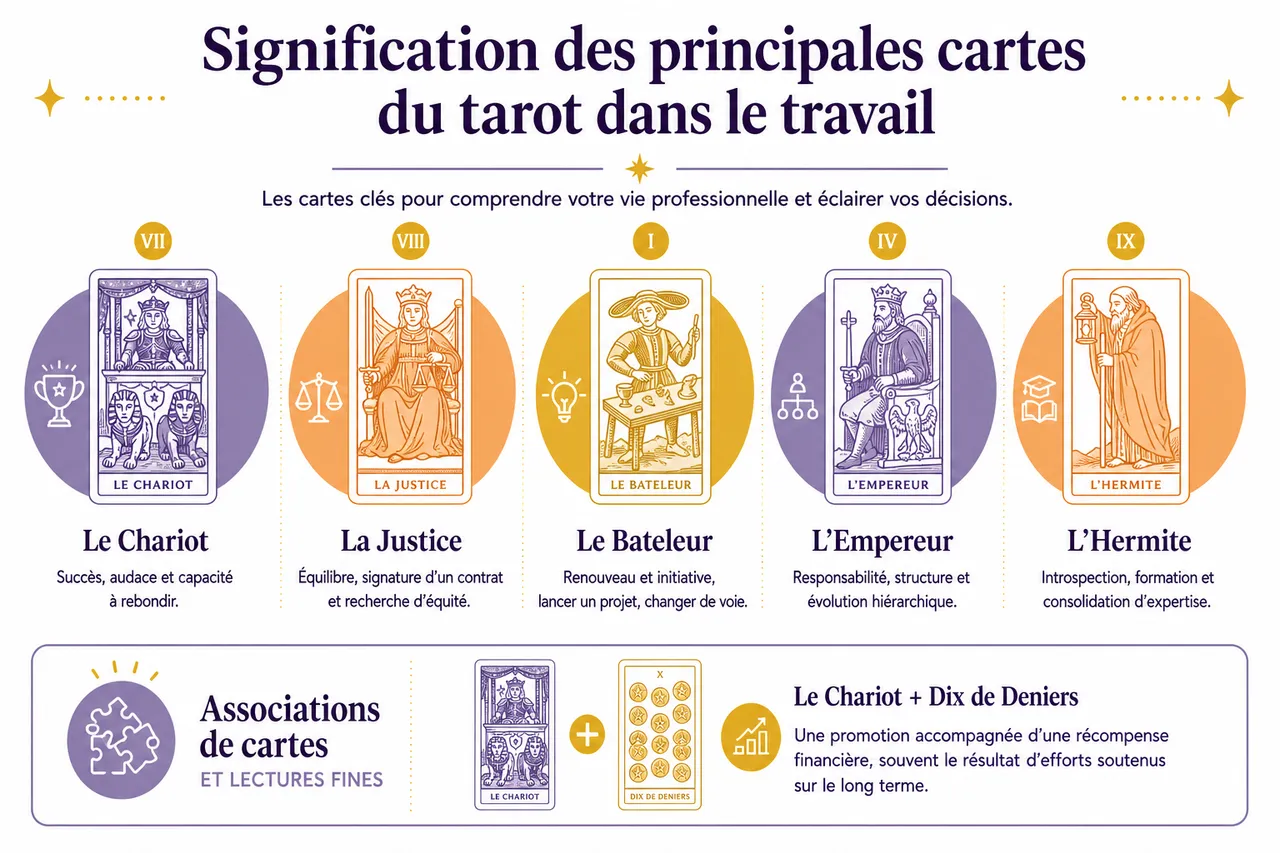 Tirages de tarot: 5 méthodes pour explorer votre avenir professionnel , Signification des principales cartes du tarot dans le travail