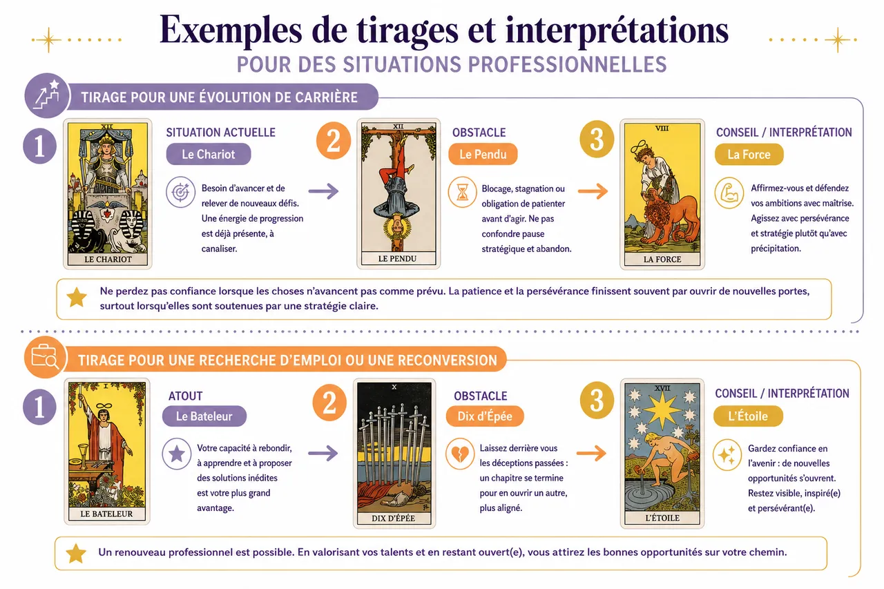 Tirages de tarot: 5 méthodes pour explorer votre avenir professionnel , Exemples de tirages et interprétations pour des situations professionnelles