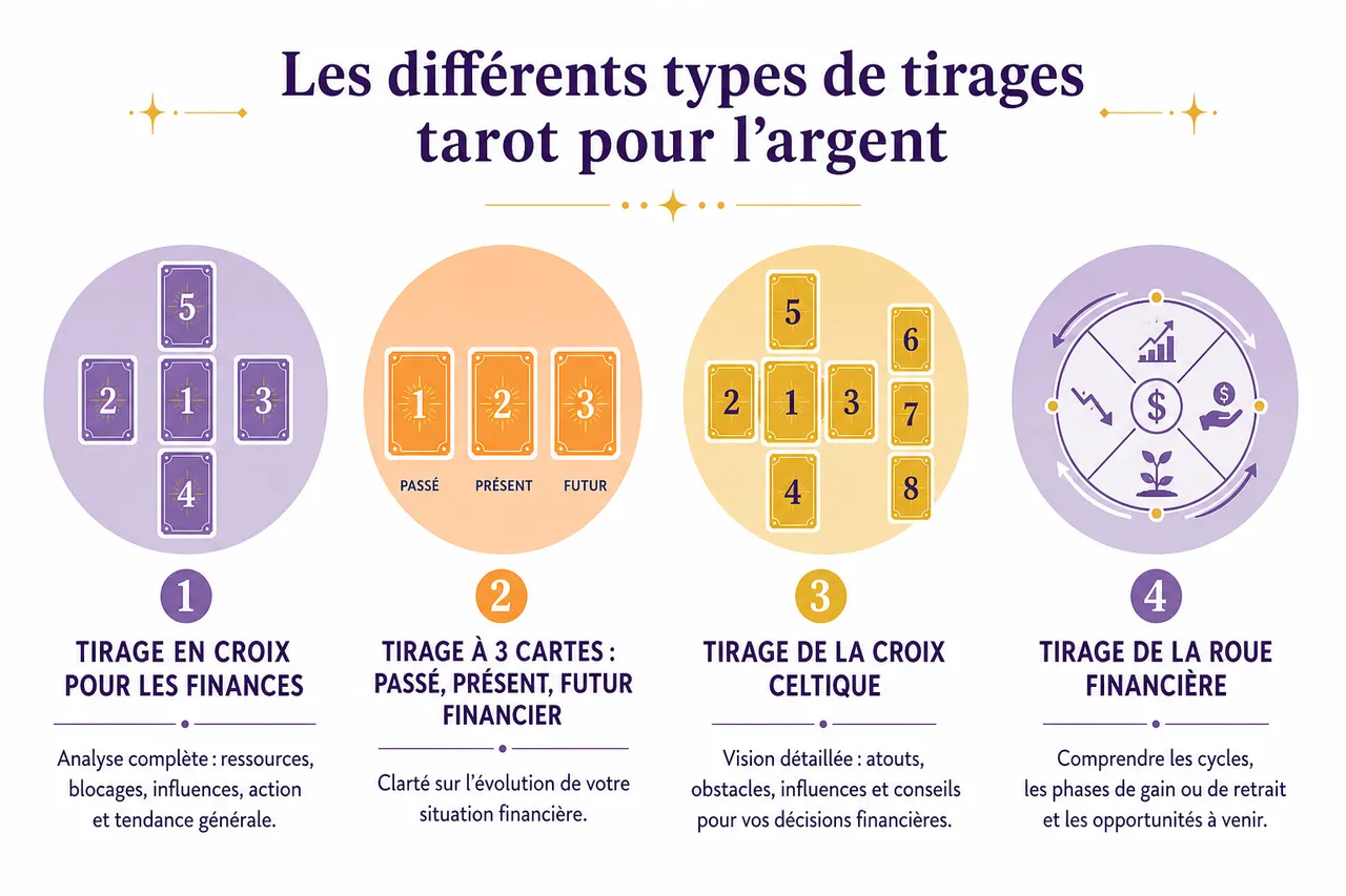 Comprendre votre relation à l’argent grâce à 4 tirages de tarot , Les différents types de tirages tarot pour l’argent