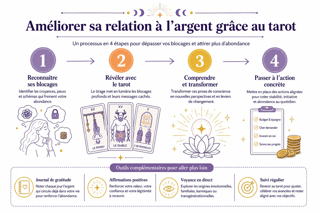 Comprendre votre relation à l’argent grâce à 4 tirages de tarot , Conseils pratiques pour améliorer sa relation à l’argent grâce au tarot