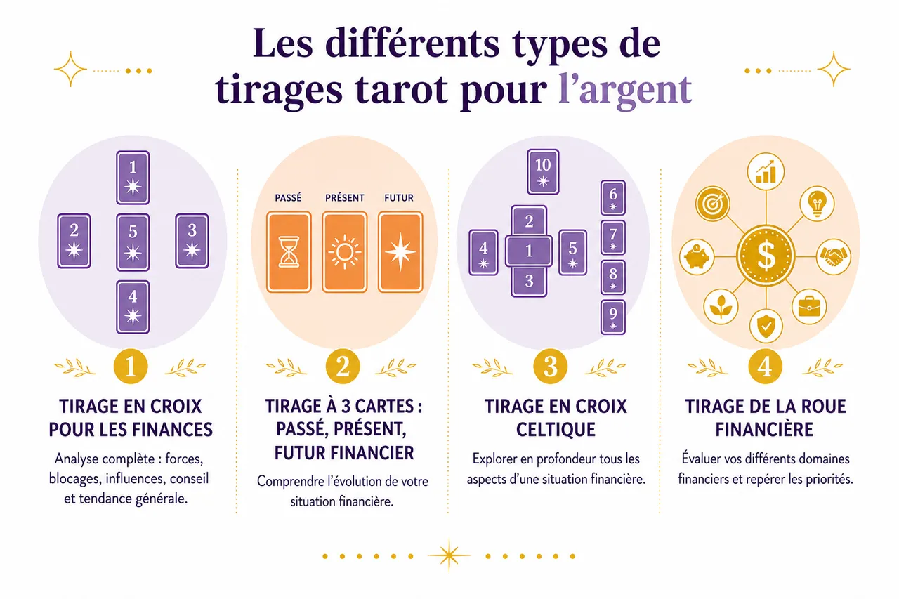 Comprendre votre relation à l’argent grâce à 4 tirages de tarot , Les différents types de tirages tarot pour l’argent