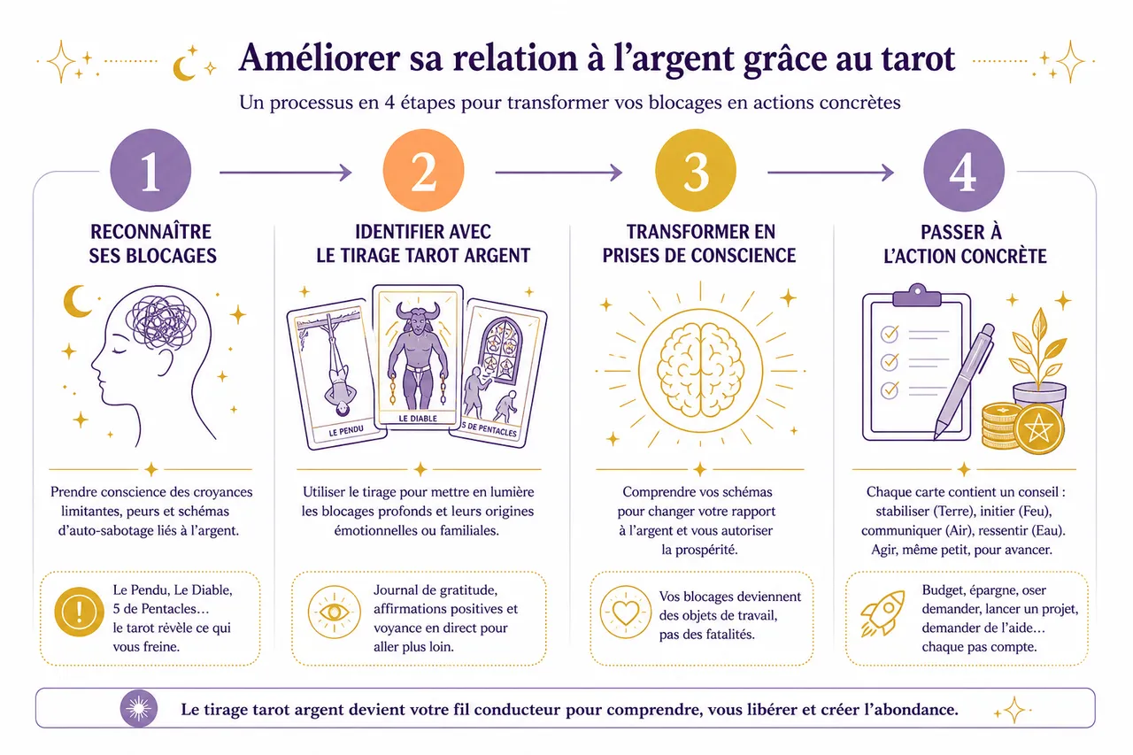 Comprendre votre relation à l’argent grâce à 4 tirages de tarot , Conseils pratiques pour améliorer sa relation à l’argent grâce au tarot