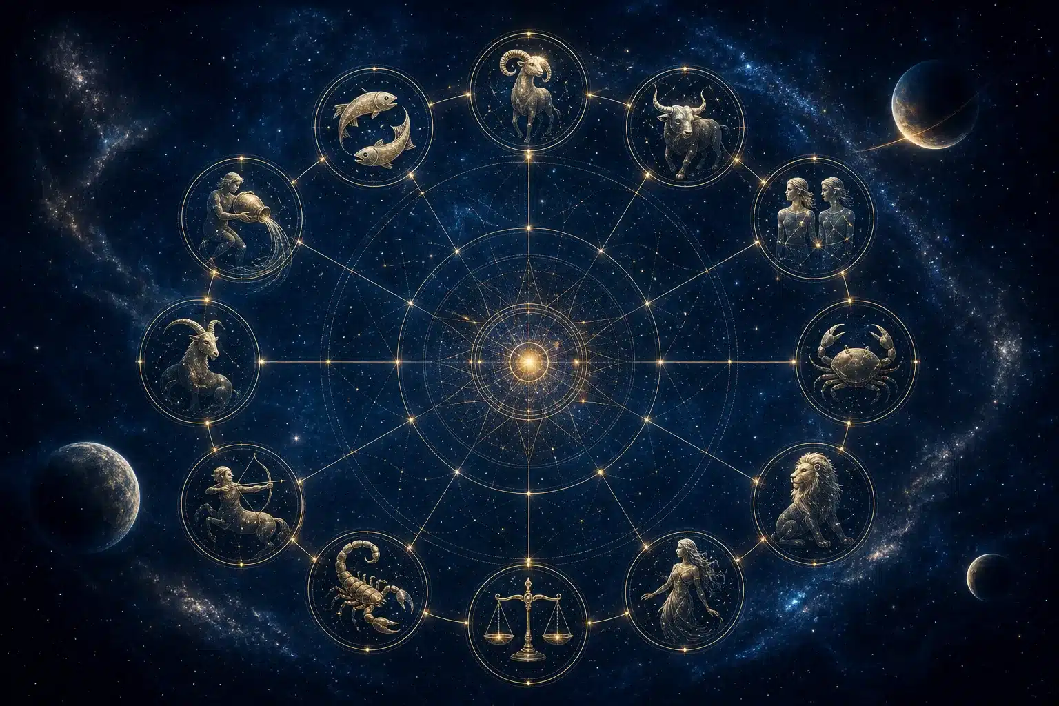 Signes du zodiaque avec symboles astrologiques et énergie mystérieuse