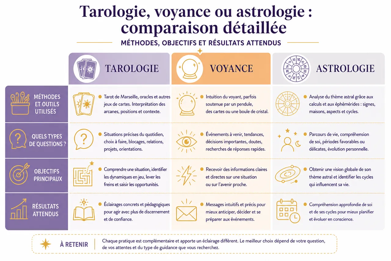 Voyance, astrologie ou tarologie: quelle pratique choisir selon votre question? , Comparaison détaillée: méthodes, objectifs et résultats attendus
