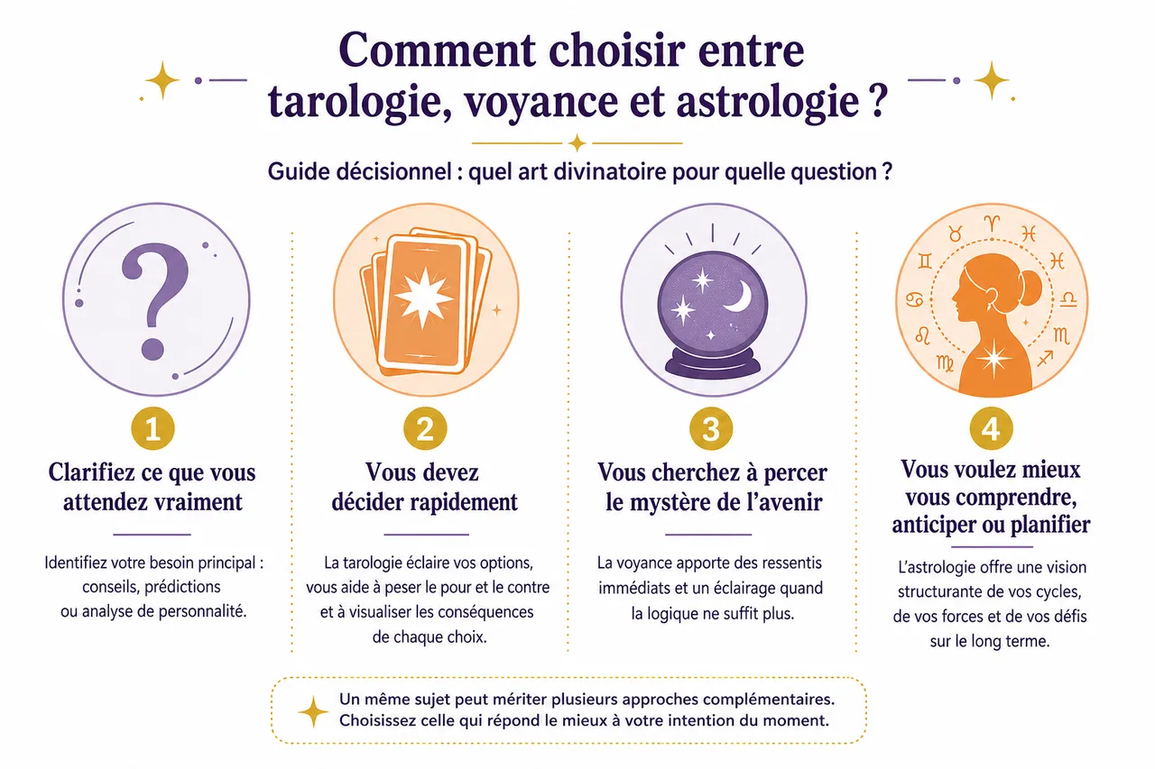 Voyance, astrologie ou tarologie: quelle pratique choisir selon votre question? , Comment choisir entre tarologie, voyance et astrologie?