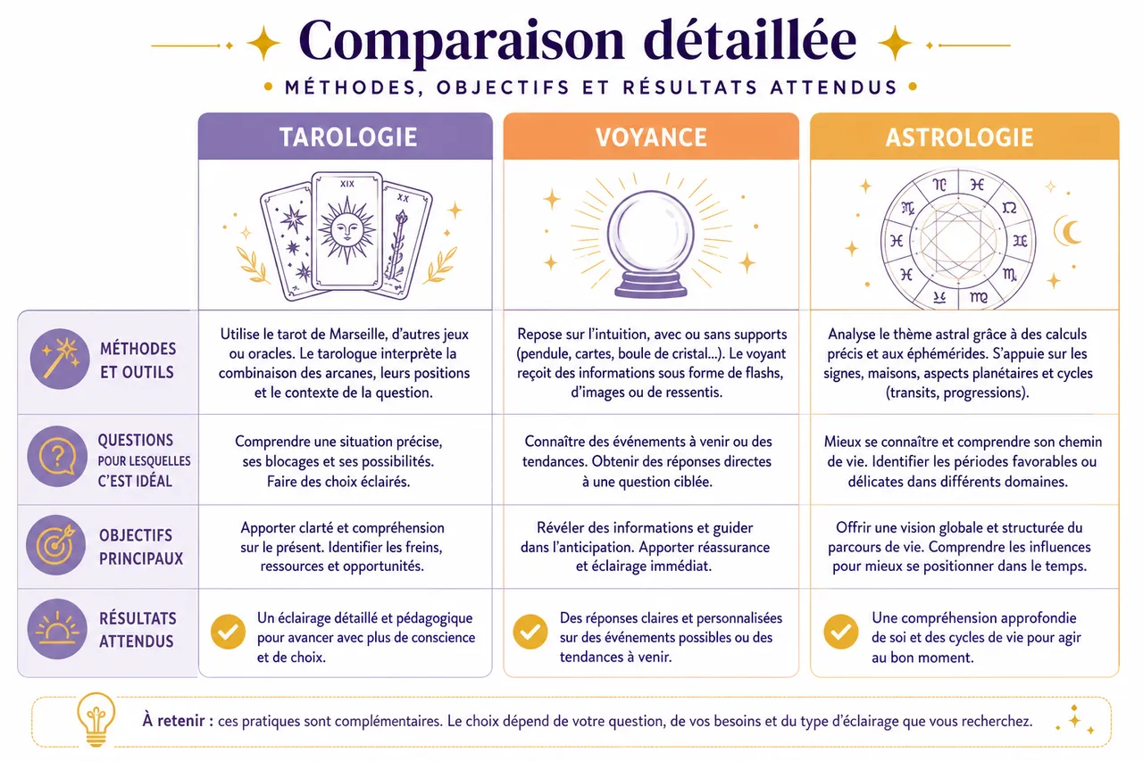 Voyance, astrologie ou tarologie: quelle pratique choisir selon votre question? , Comparaison détaillée: méthodes, objectifs et résultats attendus