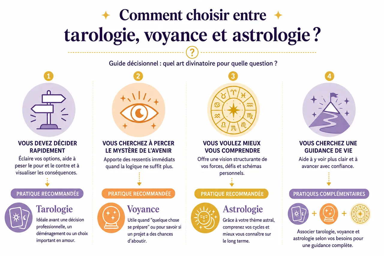 Voyance, astrologie ou tarologie: quelle pratique choisir selon votre question? , Comment choisir entre tarologie, voyance et astrologie?