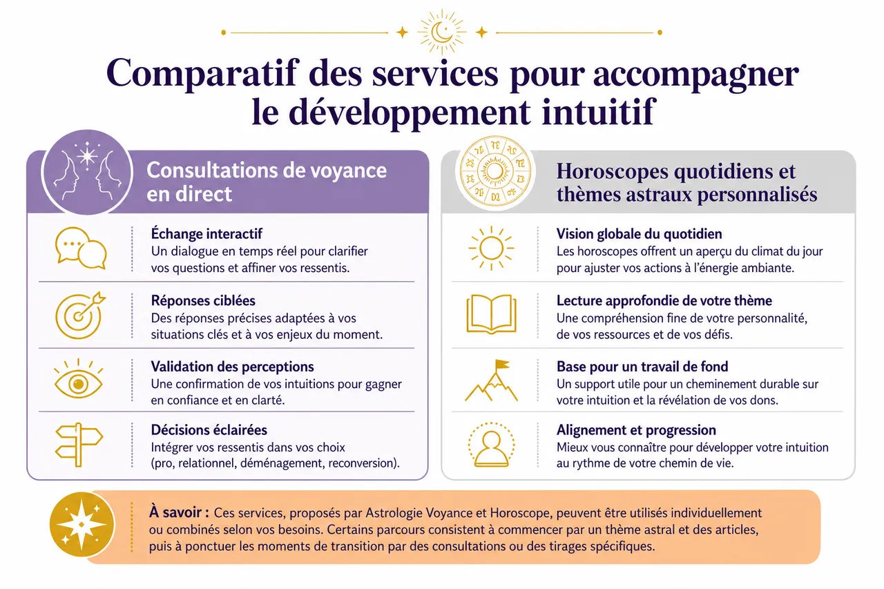 Développer votre intuition et découvrir vos dons de voyance au quotidien , Comparatif des services pour accompagner le développement intuitif