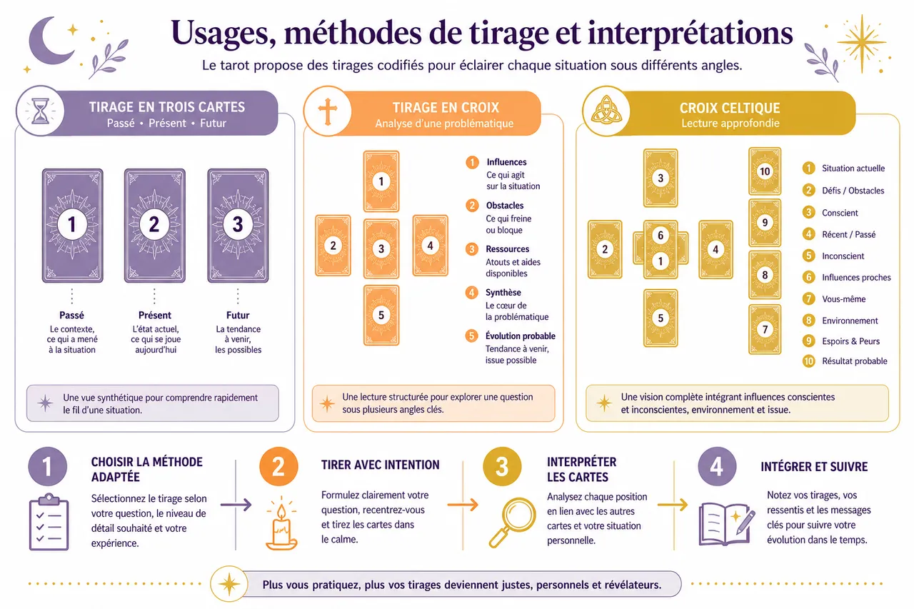 Oracles et tarot: comment choisir les cartes qui vous parlent vraiment , Usages, méthodes de tirage et interprétations