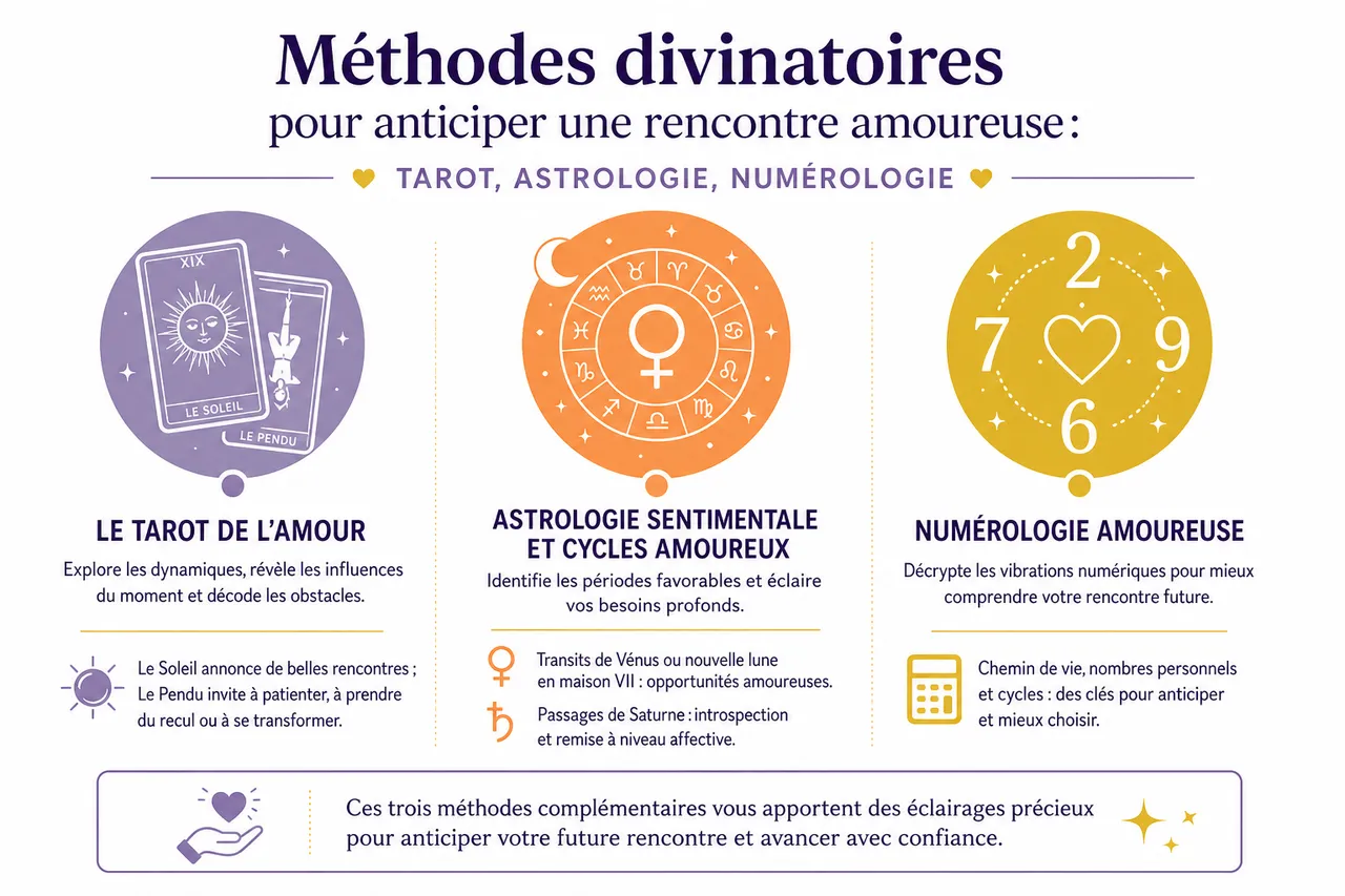 Questions à poser en voyance amour pour éclairer une future rencontre , Méthodes divinatoires pour anticiper une rencontre amoureuse: tarot, astrologie, numérologie